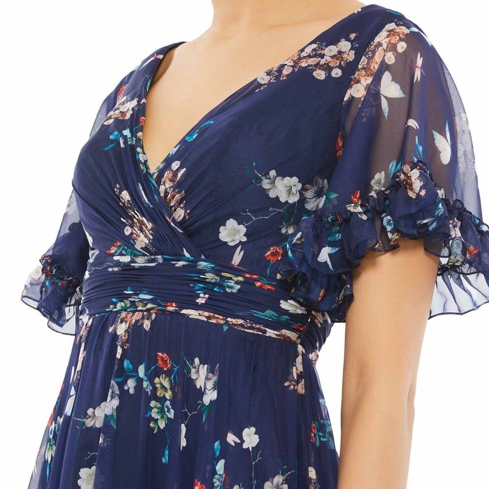 Mac Duggal Flounce Sleeve Floral Maxi Dress in Navy Multi, NWT, Size 4 - Picture 4 of 9